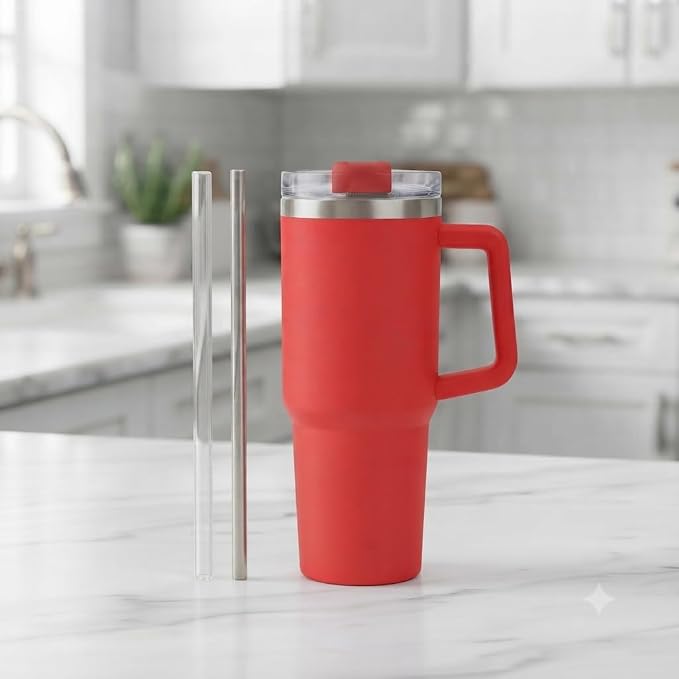 FIRST CHOICE 1200ML Stainless Steel Tumbler with Handle & Lid, 2 Straws – Large Travel Mug Water Cup for Gym, Office & Outdoor Use, - Image 2